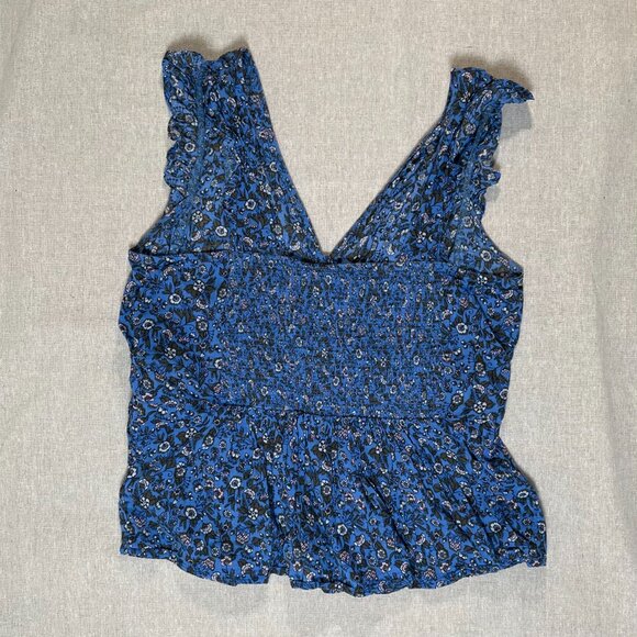 Old Navy | Blue Floral Waist-Defined V-Neck Button Front Blouse | Medium - Picture 3 of 9